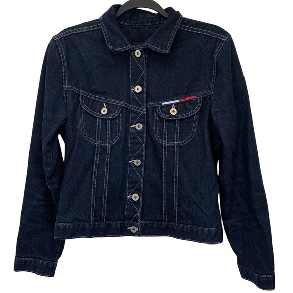 Vtg Tommy Hilfiger Jean Jacket Womens Sz Medium Dark Wash Denim Y2K Fall Winter - Picture 2 of 9